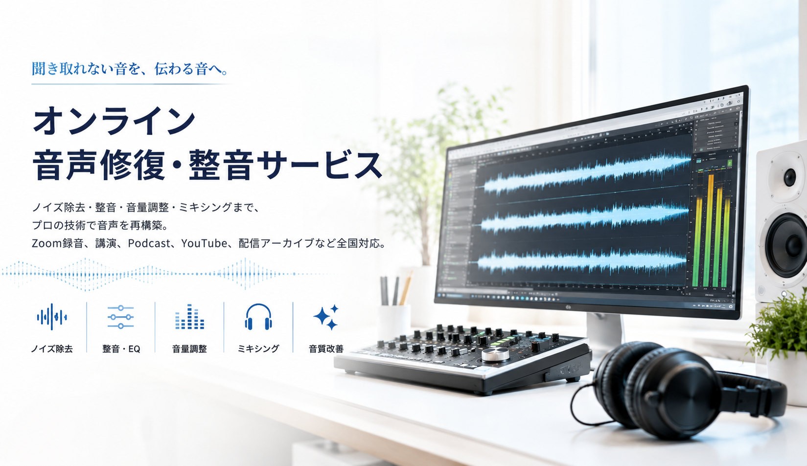 オンライン音声修復・整音サービスのイメージ。Zoom録音、講演音声、Podcast、YouTube音声のノイズ除去・整音・ミキシングに対応。